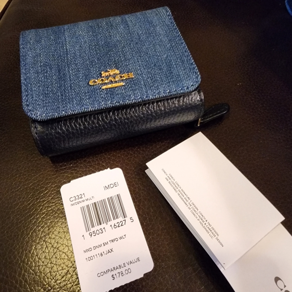 Coach small trifold wallet in denium